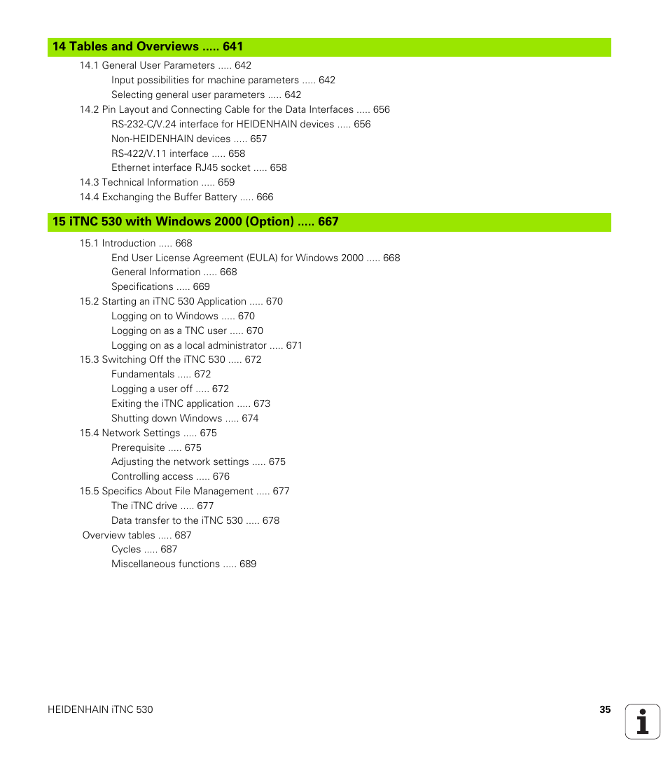14 tables and overviews, 15 itnc 530 with windows 2000 (option), Tables and overviews | Itnc 530 with windows 2000 (option) | HEIDENHAIN iTNC 530 (340 49x-02) User Manual | Page 35 / 689