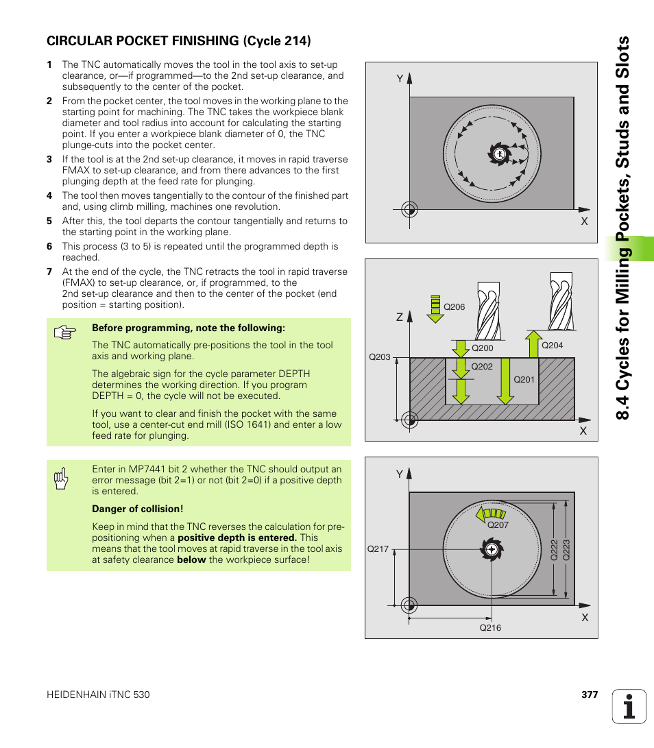 Circular pocket finishing (cycle 214) | HEIDENHAIN iTNC 530 (340 49x-02) User Manual | Page 377 / 689