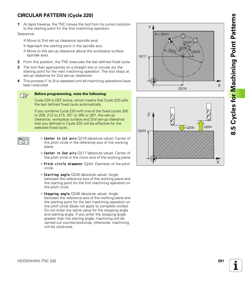 Circular pattern (cycle 220) | HEIDENHAIN iTNC 530 (340 49x-02) User Manual | Page 391 / 689