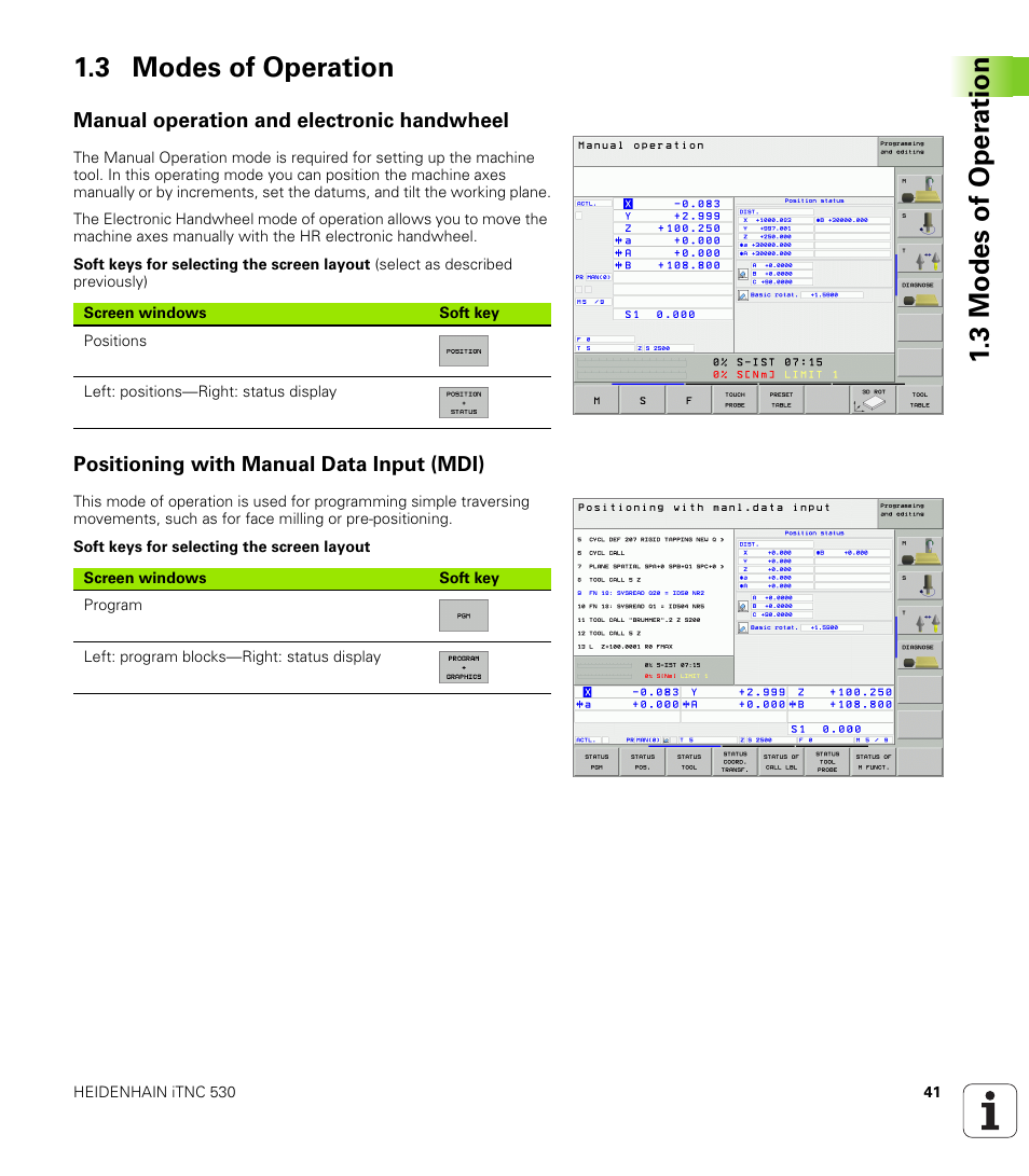 3 modes of operation, Manual operation and electronic handwheel, Positioning with manual data input (mdi) | 3 modes of oper ation 1.3 modes of operation | HEIDENHAIN iTNC 530 (340 49x-02) User Manual | Page 41 / 689