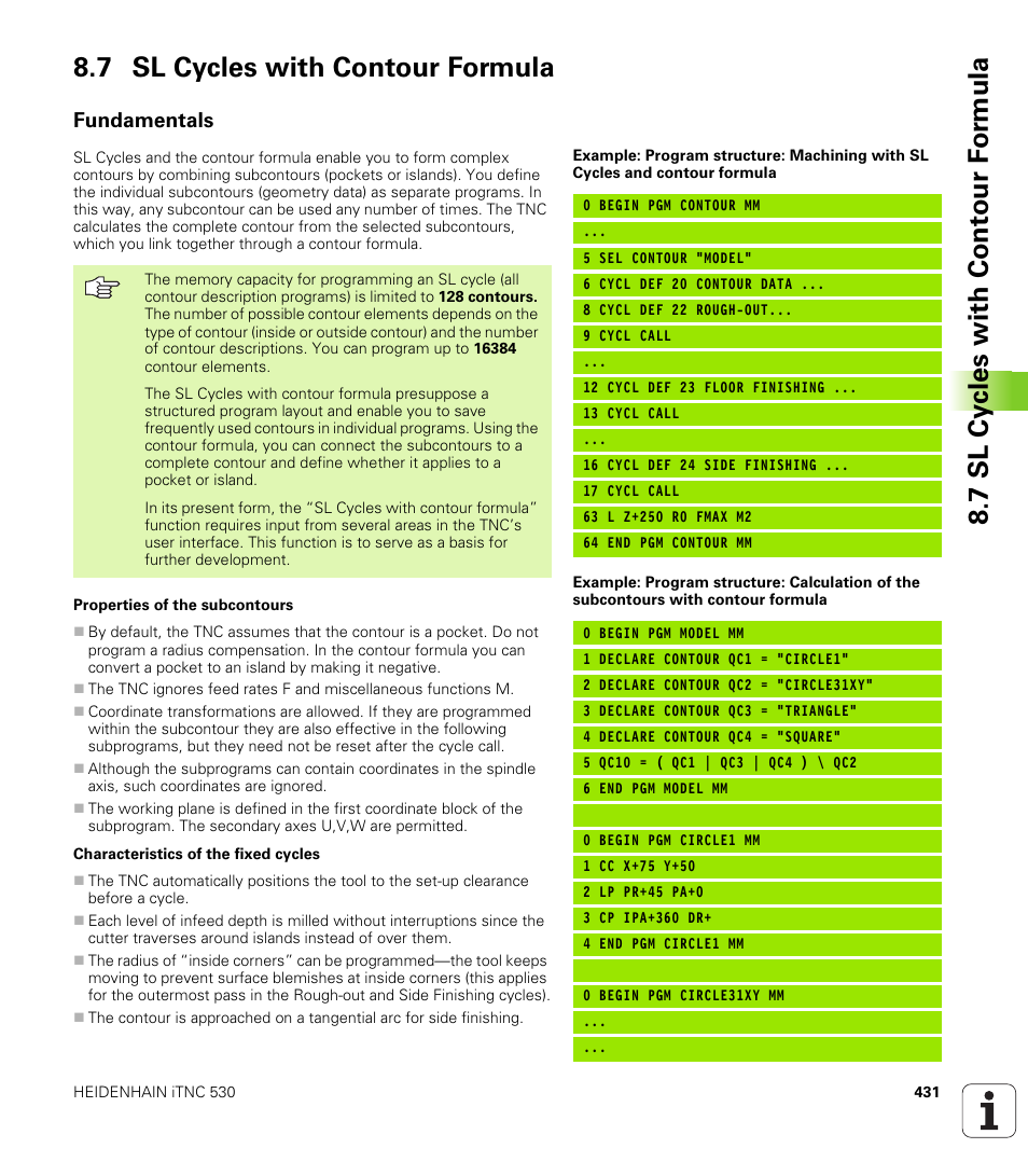 7 sl cycles with contour formula, Fundamentals | HEIDENHAIN iTNC 530 (340 49x-02) User Manual | Page 431 / 689
