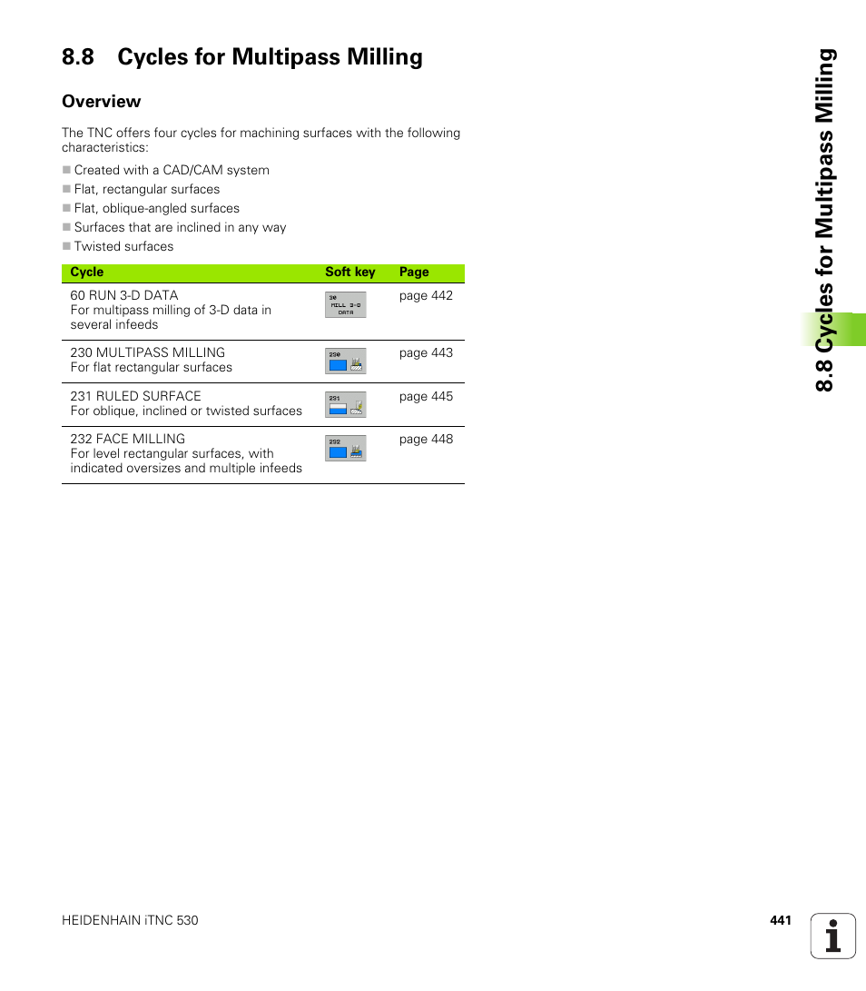 8 cycles for multipass milling, Overview | HEIDENHAIN iTNC 530 (340 49x-02) User Manual | Page 441 / 689