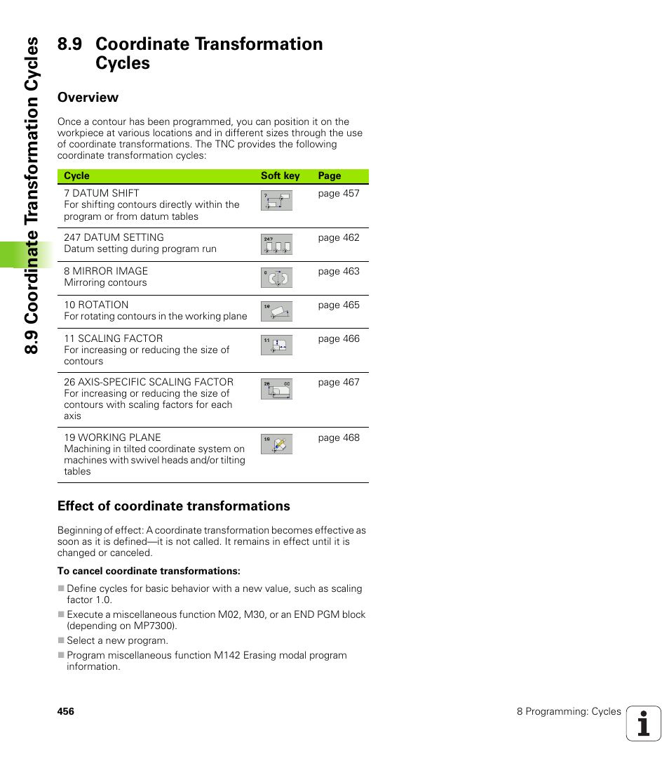 9 coordinate transformation cycles, Overview, Effect of coordinate transformations | HEIDENHAIN iTNC 530 (340 49x-02) User Manual | Page 456 / 689