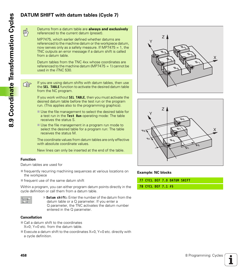 Datum shift with datum tables (cycle 7), 9 coor di na te t ra n s for m a ti on cy cle s | HEIDENHAIN iTNC 530 (340 49x-02) User Manual | Page 458 / 689