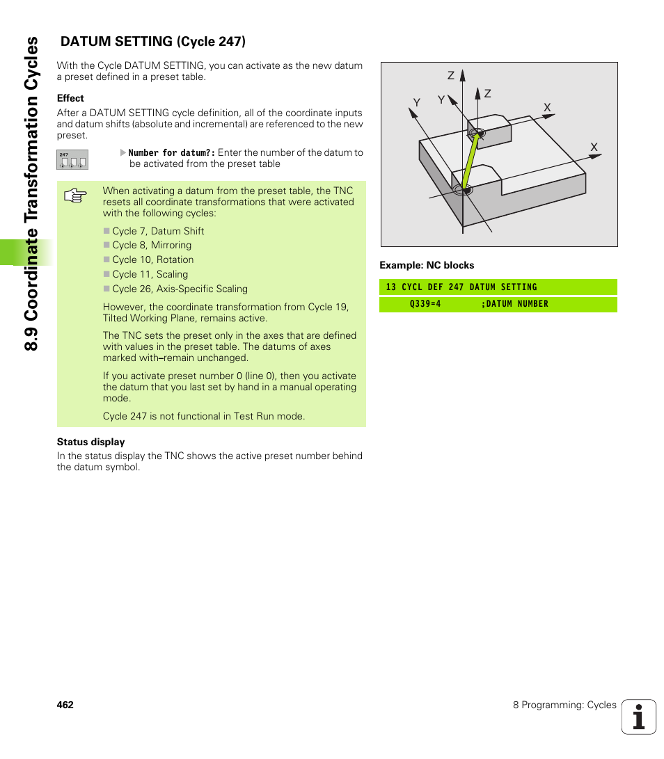 Datum setting (cycle 247), 9 coor di na te t ra n s for m a ti on cy cle s | HEIDENHAIN iTNC 530 (340 49x-02) User Manual | Page 462 / 689