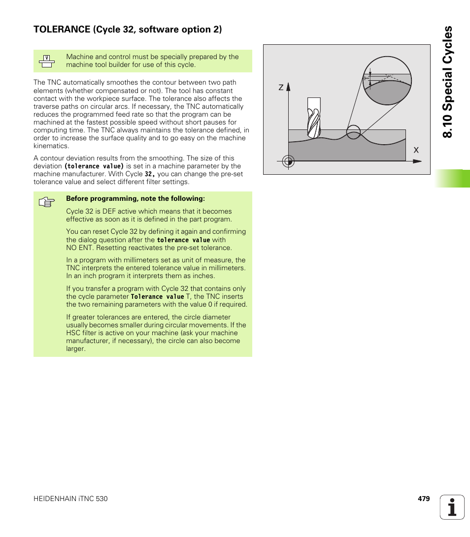 Tolerance (cycle 32, software option 2), 1 0 special cy cles | HEIDENHAIN iTNC 530 (340 49x-02) User Manual | Page 479 / 689