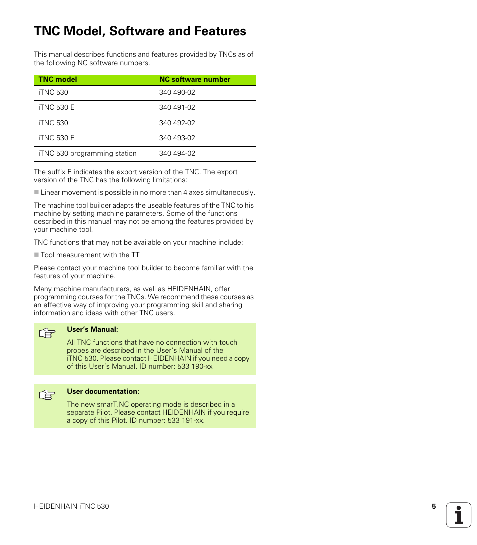 Tnc model, software and features | HEIDENHAIN iTNC 530 (340 49x-02) User Manual | Page 5 / 689