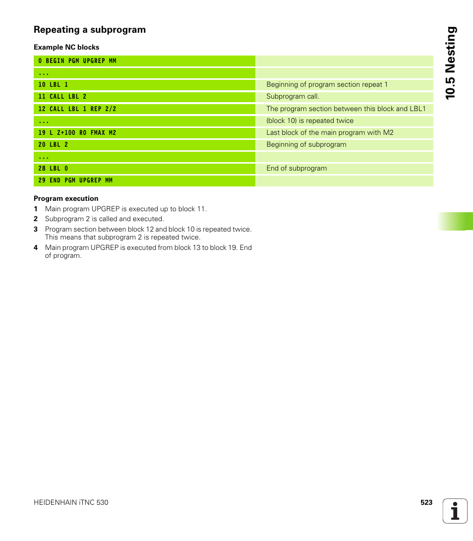 Repeating a subprogram, 10 .5 nesting | HEIDENHAIN iTNC 530 (340 49x-02) User Manual | Page 523 / 689