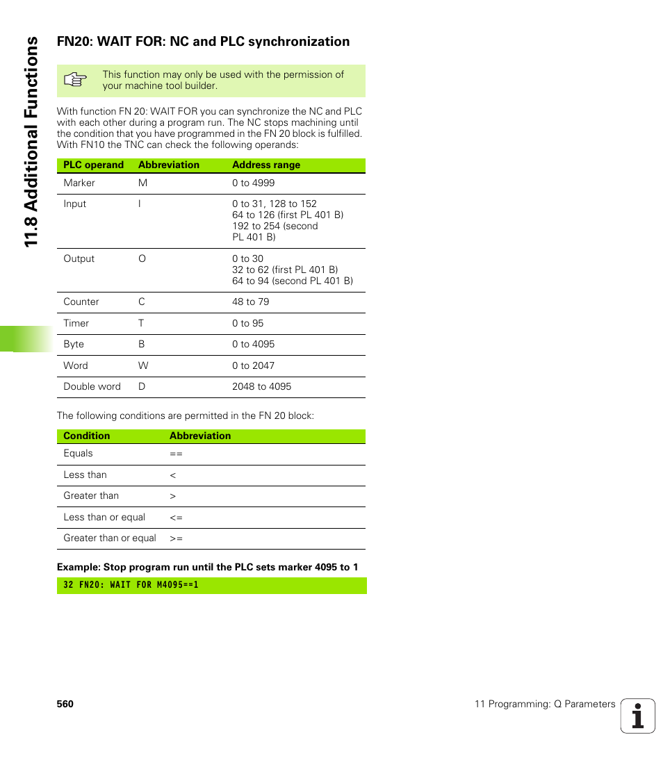 Fn20: wait for: nc and plc synchronization, 8 a d ditional f unctions | HEIDENHAIN iTNC 530 (340 49x-02) User Manual | Page 560 / 689