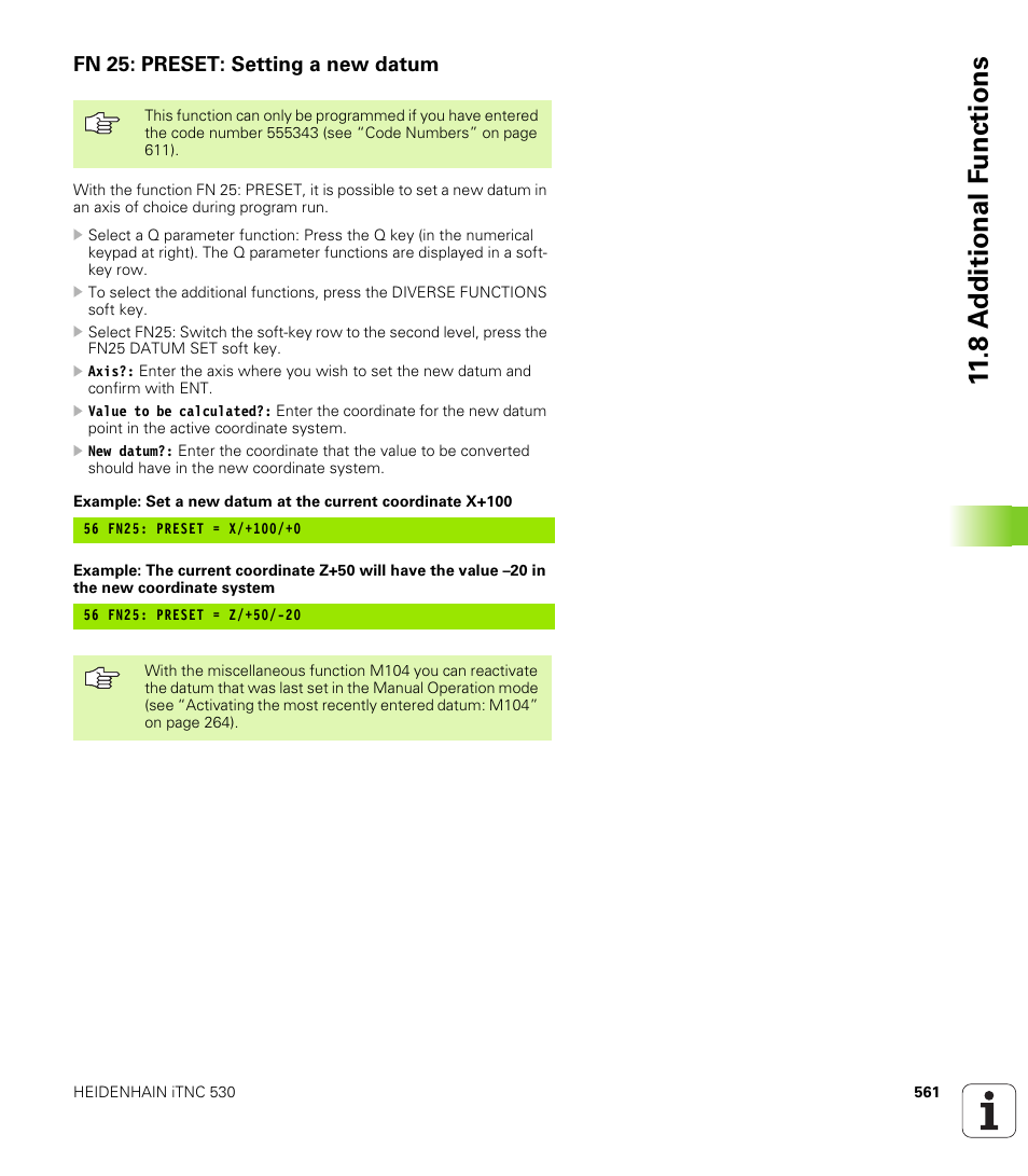 Fn 25: preset: setting a new datum, 8 a d ditional f unctions | HEIDENHAIN iTNC 530 (340 49x-02) User Manual | Page 561 / 689