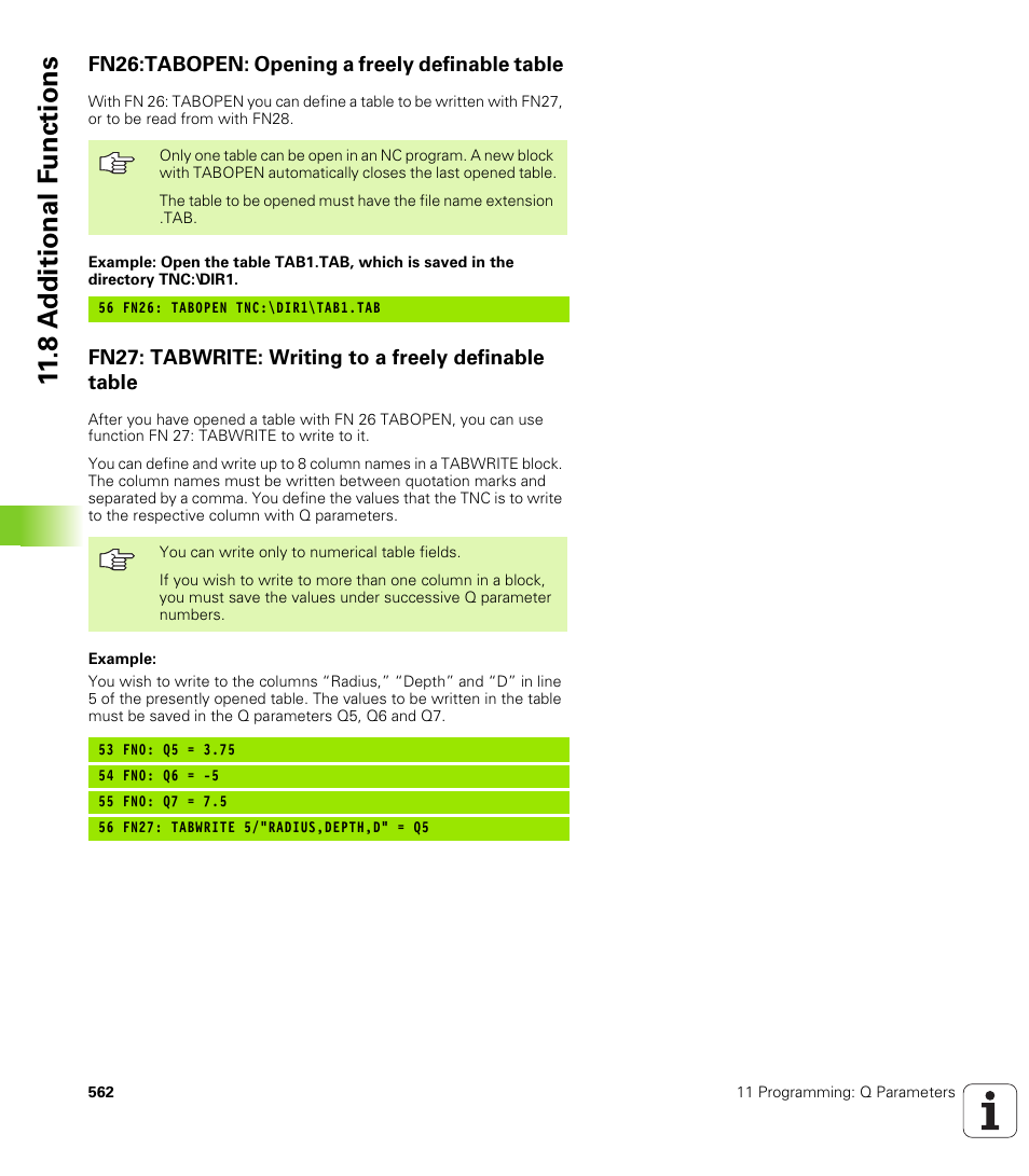Fn26:tabopen: opening a freely definable table, 8 a d ditional f unctions | HEIDENHAIN iTNC 530 (340 49x-02) User Manual | Page 562 / 689