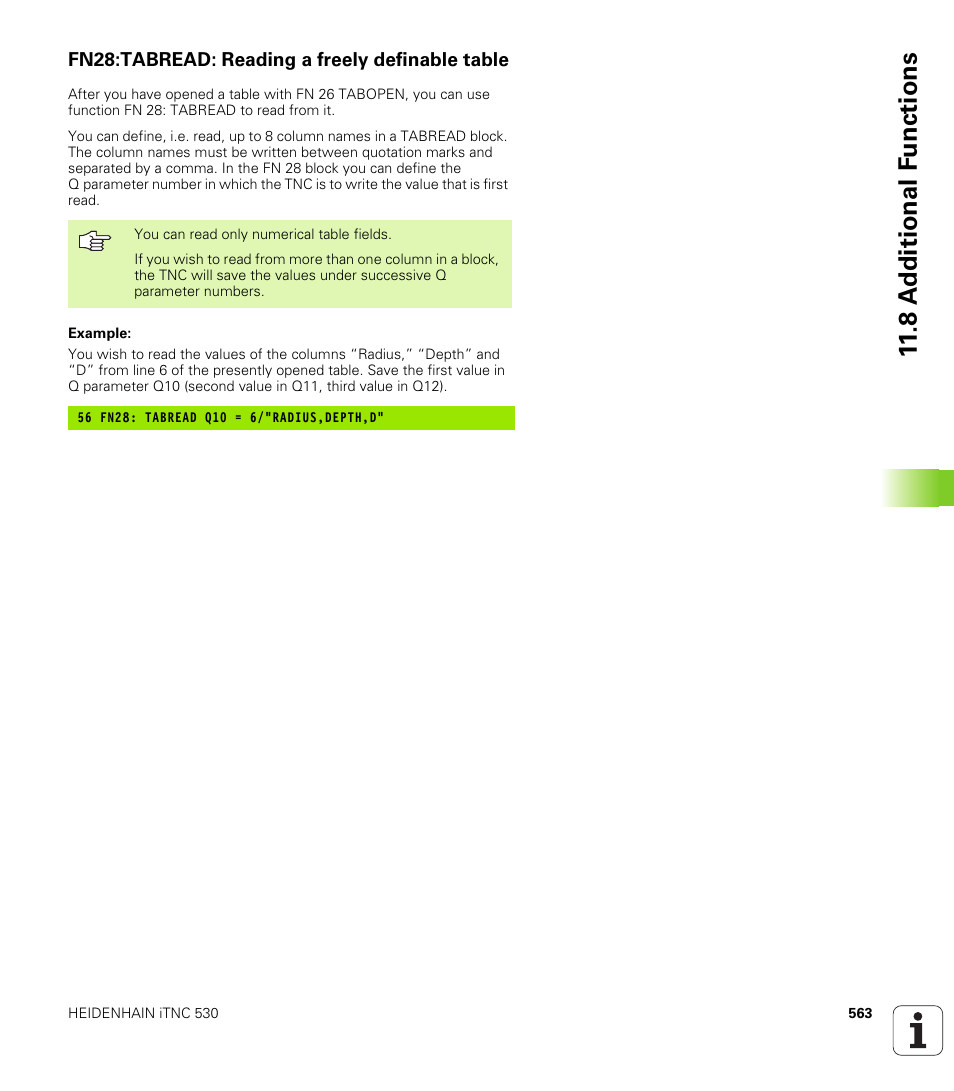Fn28:tabread: reading a freely definable table, 8 a d ditional f unctions | HEIDENHAIN iTNC 530 (340 49x-02) User Manual | Page 563 / 689