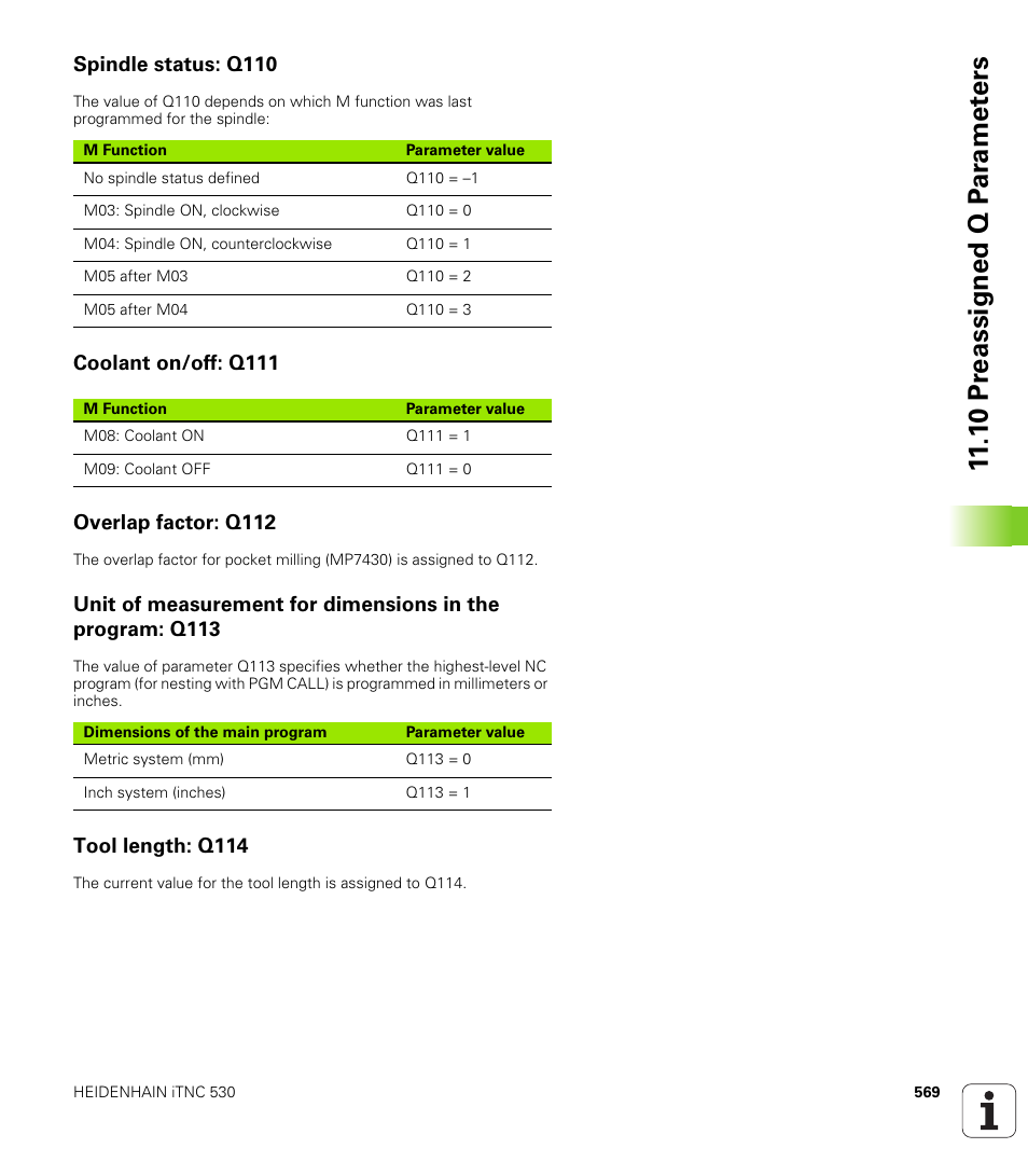 Spindle status: q110, Coolant on/off: q111, Overlap factor: q112 | Tool length: q114, 1 0 pr eassigned q p ar amet ers | HEIDENHAIN iTNC 530 (340 49x-02) User Manual | Page 569 / 689