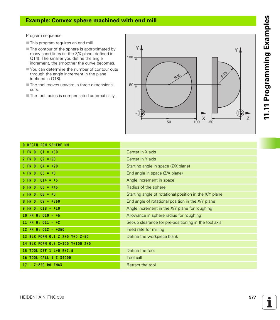 1 1 pr ogr amming examples, Example: convex sphere machined with end mill | HEIDENHAIN iTNC 530 (340 49x-02) User Manual | Page 577 / 689