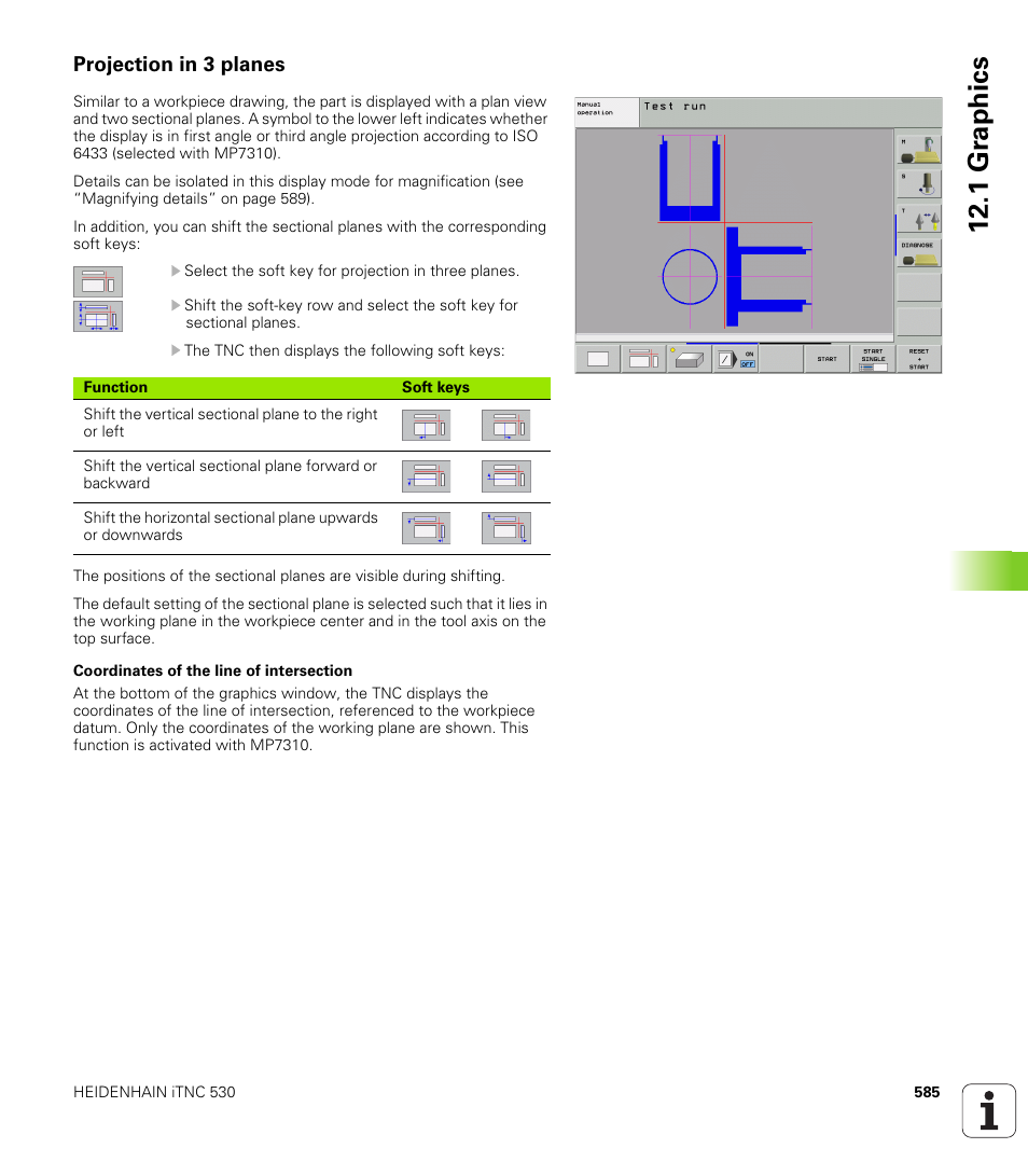 Projection in 3 planes, 1 gr ap hics | HEIDENHAIN iTNC 530 (340 49x-02) User Manual | Page 585 / 689