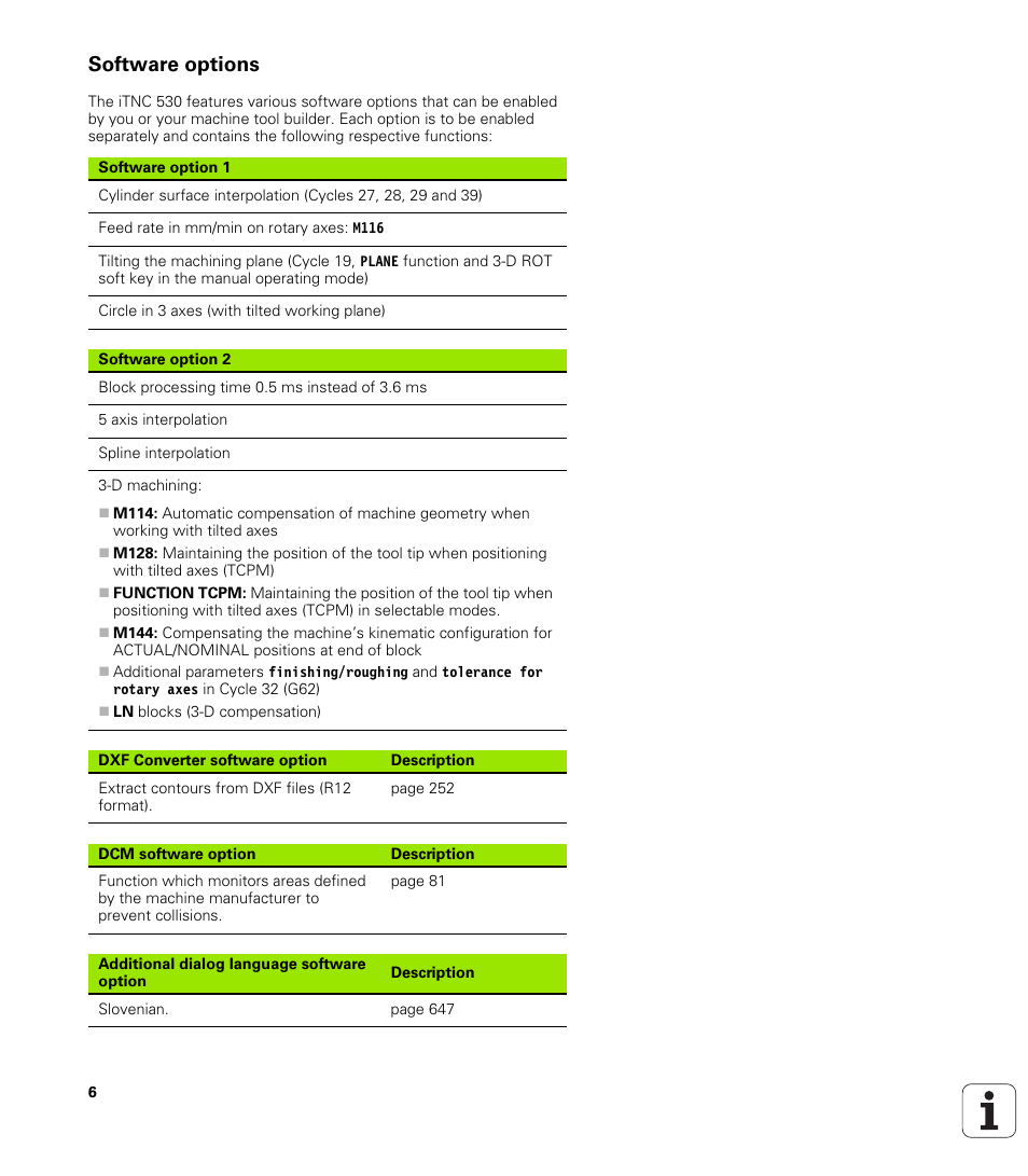 Software options | HEIDENHAIN iTNC 530 (340 49x-02) User Manual | Page 6 / 689