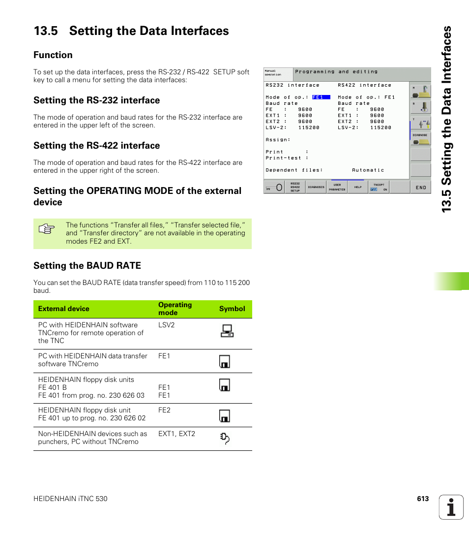 5 setting the data interfaces, Function, Setting the rs-232 interface | Setting the rs-422 interface, Setting the operating mode of the external device, Setting the baud rate | HEIDENHAIN iTNC 530 (340 49x-02) User Manual | Page 613 / 689