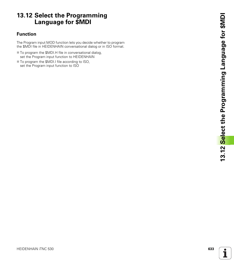 12 select the programming language for $mdi, Function | HEIDENHAIN iTNC 530 (340 49x-02) User Manual | Page 633 / 689
