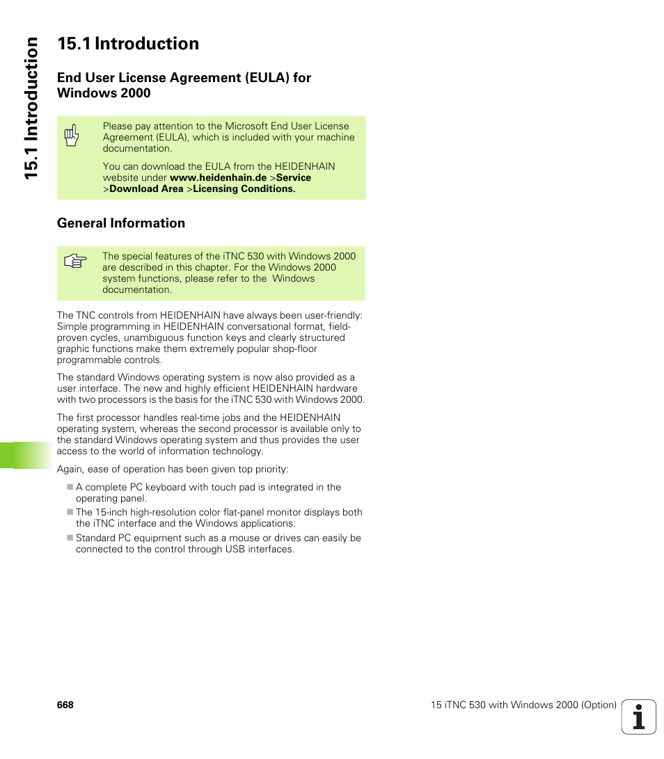 1 introduction, End user license agreement (eula) for windows 2000, General information | 1 intr oduction 15.1 introduction | HEIDENHAIN iTNC 530 (340 49x-02) User Manual | Page 668 / 689