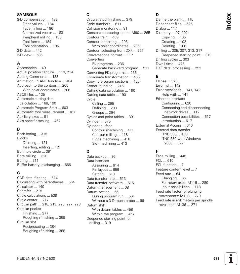Index | HEIDENHAIN iTNC 530 (340 49x-02) User Manual | Page 679 / 689