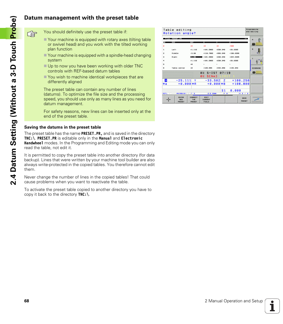 Datum management with the preset table, 4 d a tu m set ting (without a 3-d t ouc h pr obe) | HEIDENHAIN iTNC 530 (340 49x-02) User Manual | Page 68 / 689