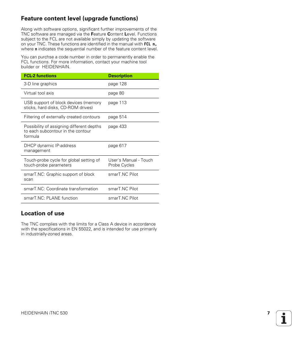 Feature content level (upgrade functions), Location of use | HEIDENHAIN iTNC 530 (340 49x-02) User Manual | Page 7 / 689