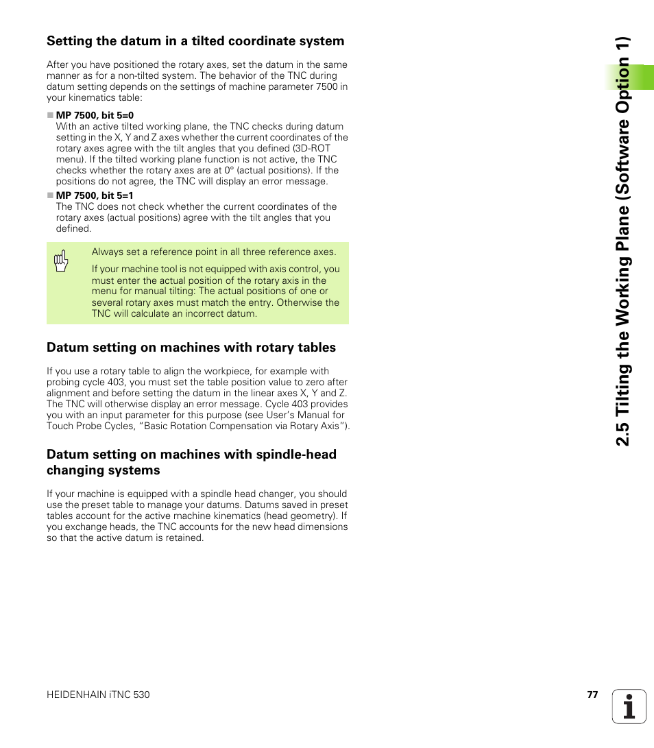Setting the datum in a tilted coordinate system, Datum setting on machines with rotary tables | HEIDENHAIN iTNC 530 (340 49x-02) User Manual | Page 77 / 689