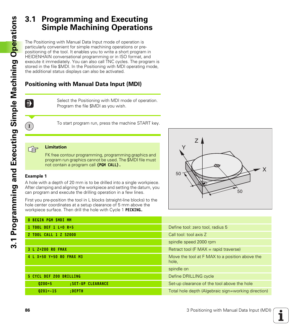 Positioning with manual data input (mdi) | HEIDENHAIN iTNC 530 (340 49x-02) User Manual | Page 86 / 689