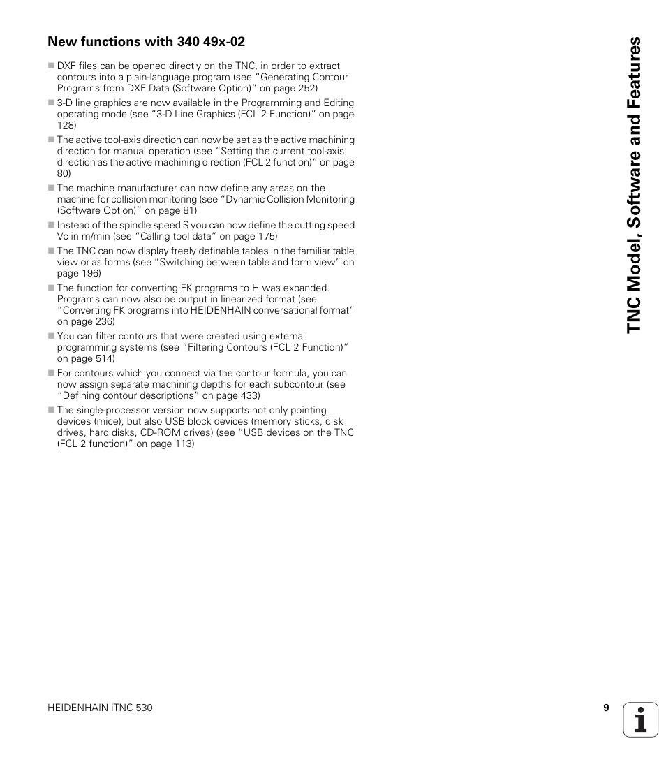 New functions with 340 49x-02, Tnc model, sof tw a re and f eat ur es | HEIDENHAIN iTNC 530 (340 49x-02) User Manual | Page 9 / 689