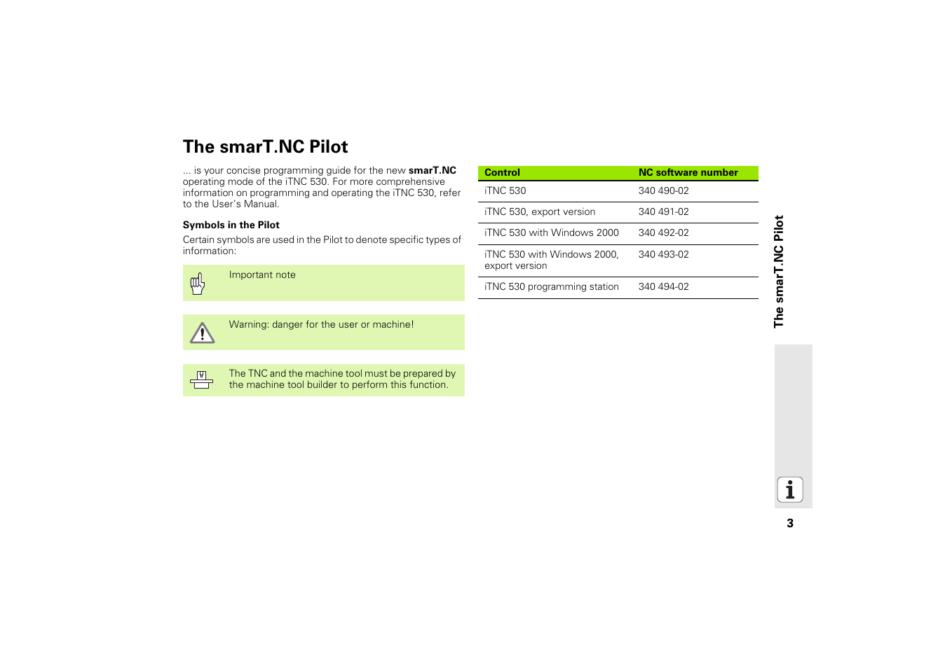 The smart.nc pilot | HEIDENHAIN iTNC 530 (340 49x-02) Pilot User Manual | Page 3 / 151