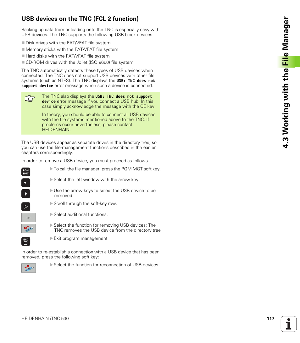 Usb devices on the tnc (fcl 2 function), 3 w o rk ing with the file manag e r | HEIDENHAIN iTNC 530 (340 49x-02) ISO programming User Manual | Page 117 / 623