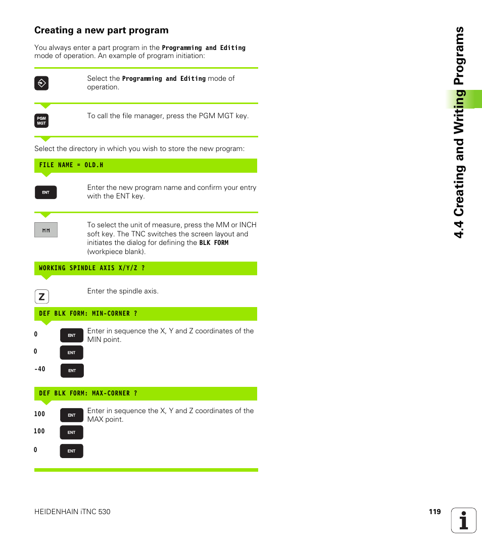 Creating a new part program, 4 cr eating and w riting pr ogr a ms | HEIDENHAIN iTNC 530 (340 49x-02) ISO programming User Manual | Page 119 / 623
