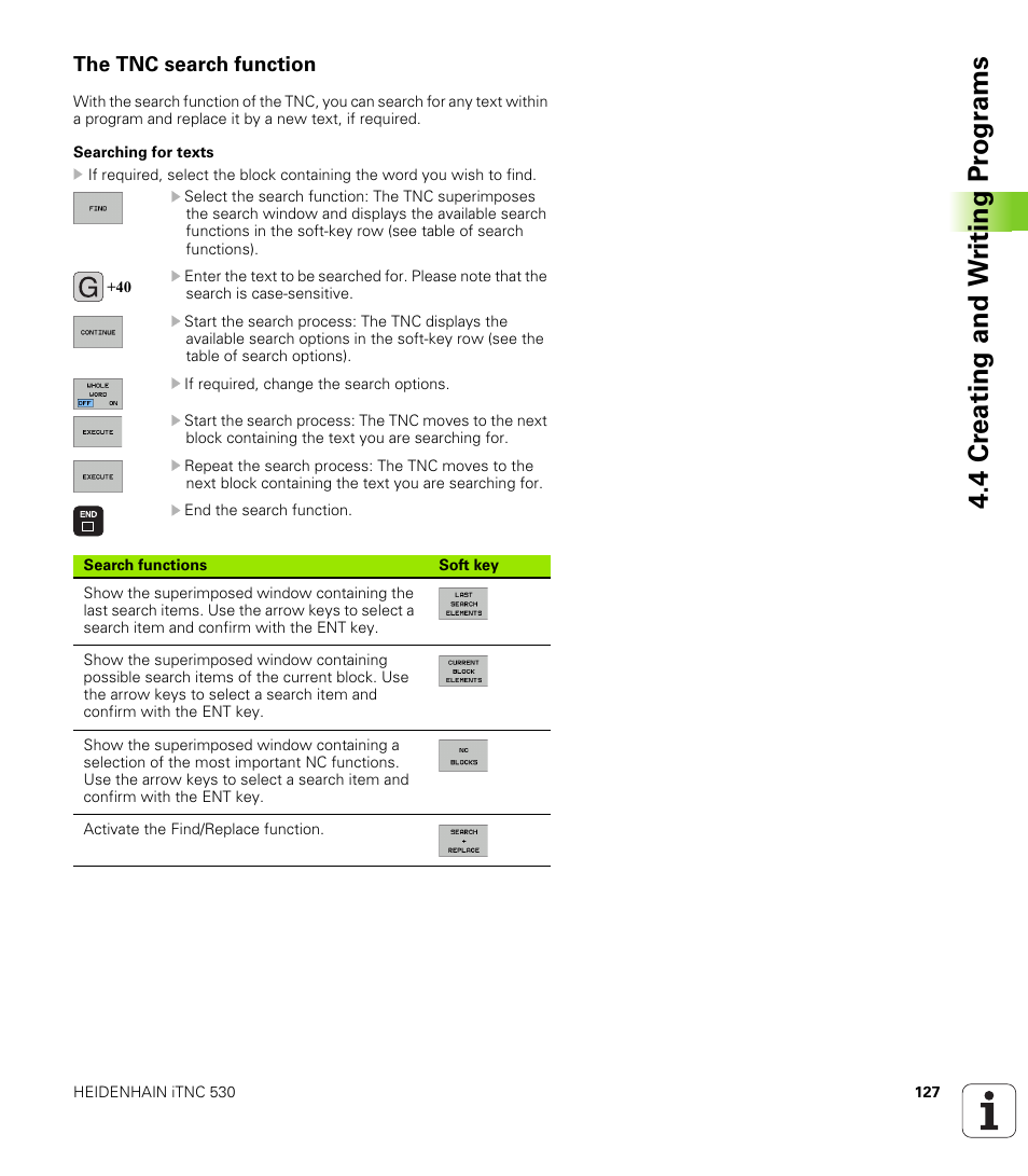 The tnc search function, 4 cr eating and w riting pr ogr a ms | HEIDENHAIN iTNC 530 (340 49x-02) ISO programming User Manual | Page 127 / 623