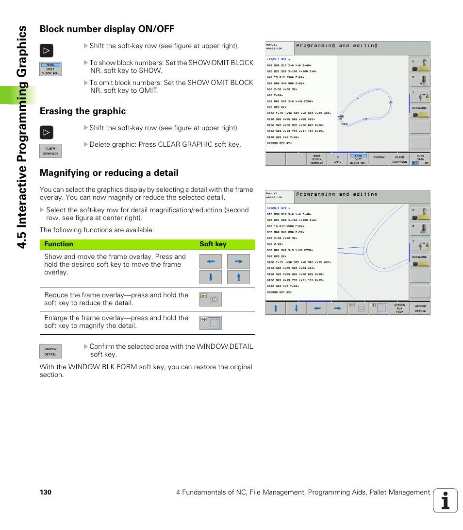 Block number display on/off, Erasing the graphic, Magnifying or reducing a detail | 5 int e ra ctiv e pr ogr amming gr aphics | HEIDENHAIN iTNC 530 (340 49x-02) ISO programming User Manual | Page 130 / 623