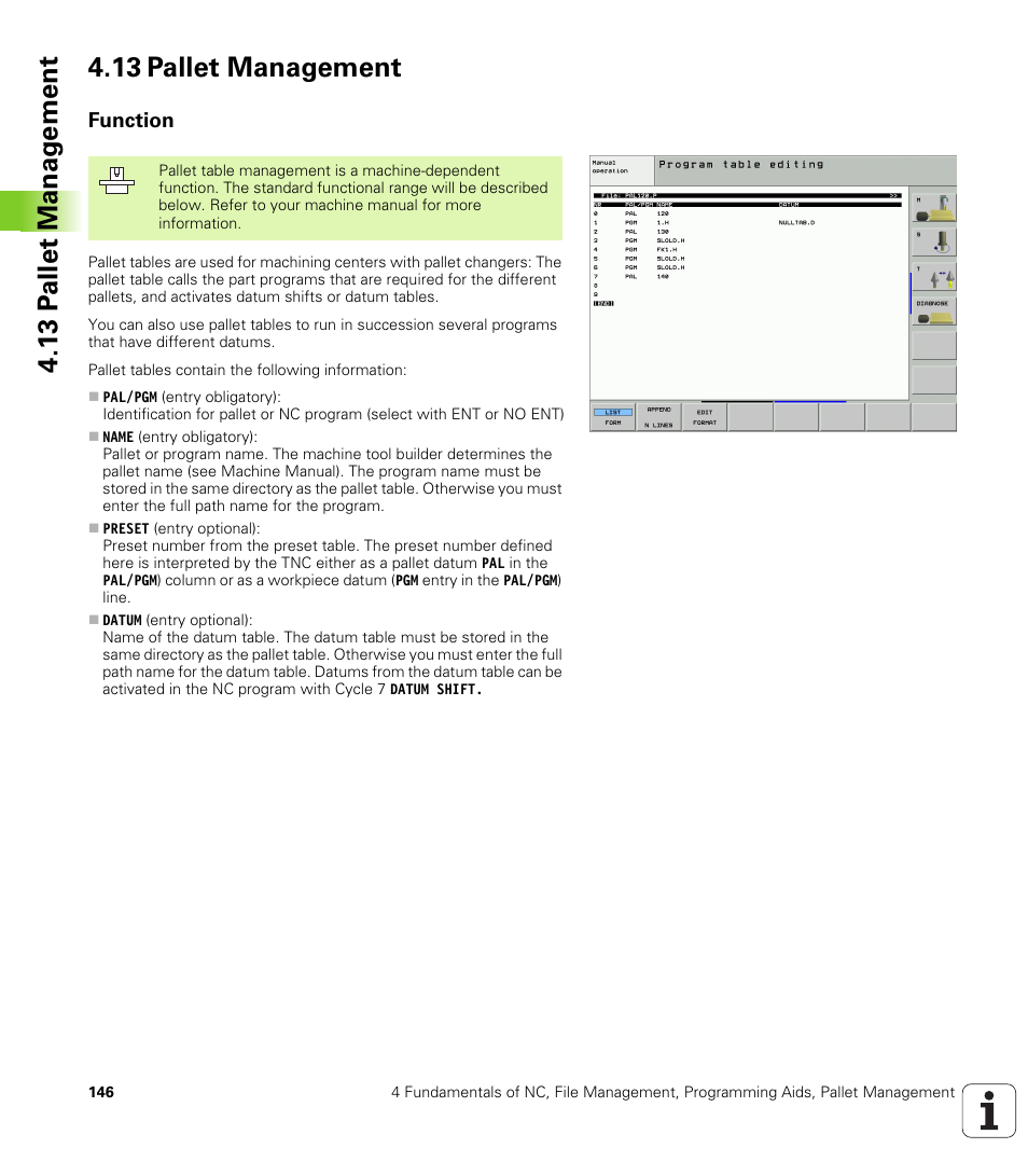 13 pallet management, Function | HEIDENHAIN iTNC 530 (340 49x-02) ISO programming User Manual | Page 146 / 623