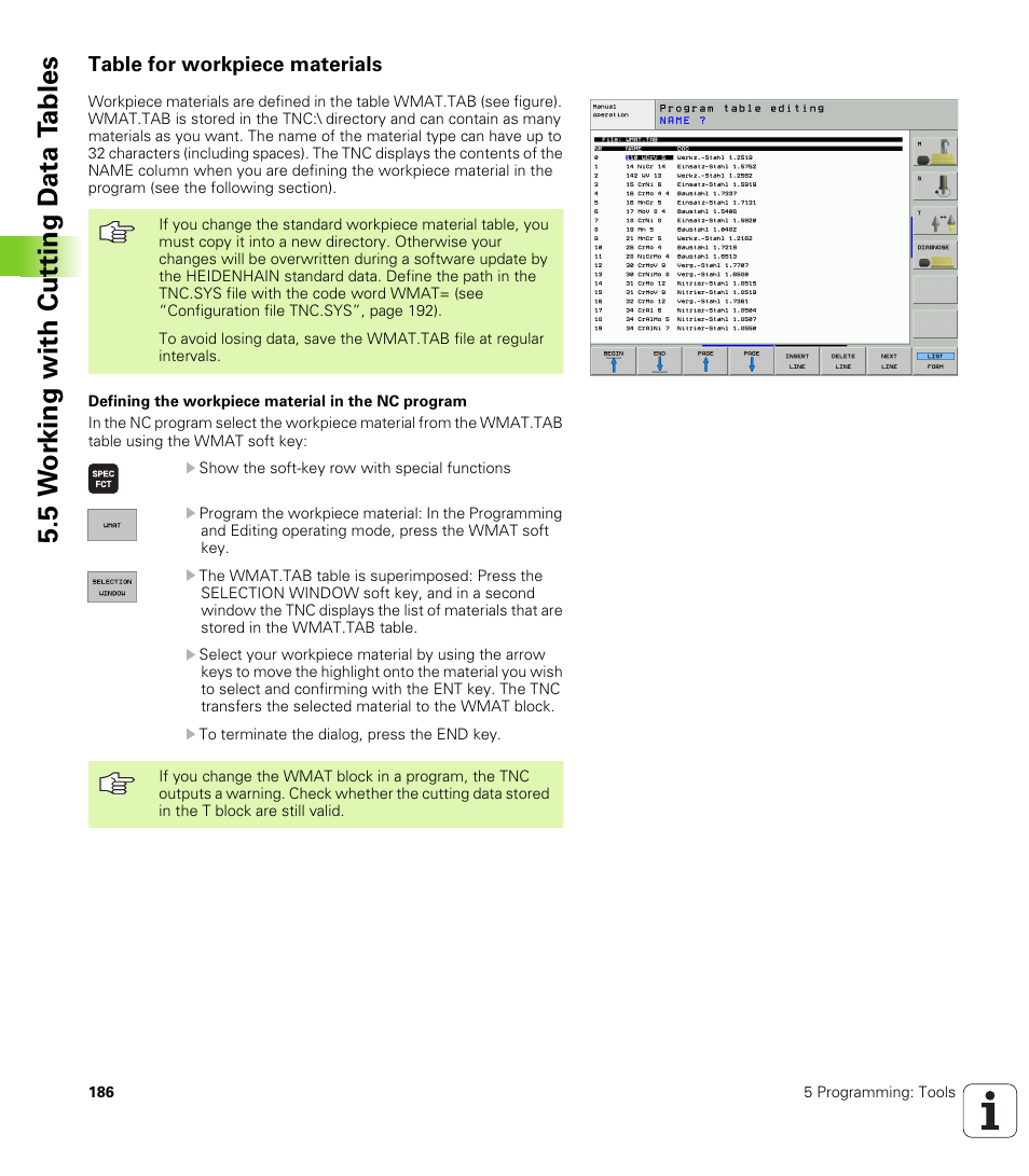 Table for workpiece materials, 5 w o rk ing with cut ting d a ta t a bles | HEIDENHAIN iTNC 530 (340 49x-02) ISO programming User Manual | Page 186 / 623