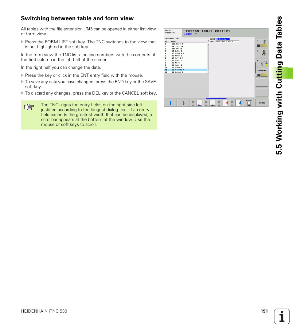 Switching between table and form view, 5 w o rk ing with cut ting d a ta t a bles | HEIDENHAIN iTNC 530 (340 49x-02) ISO programming User Manual | Page 191 / 623