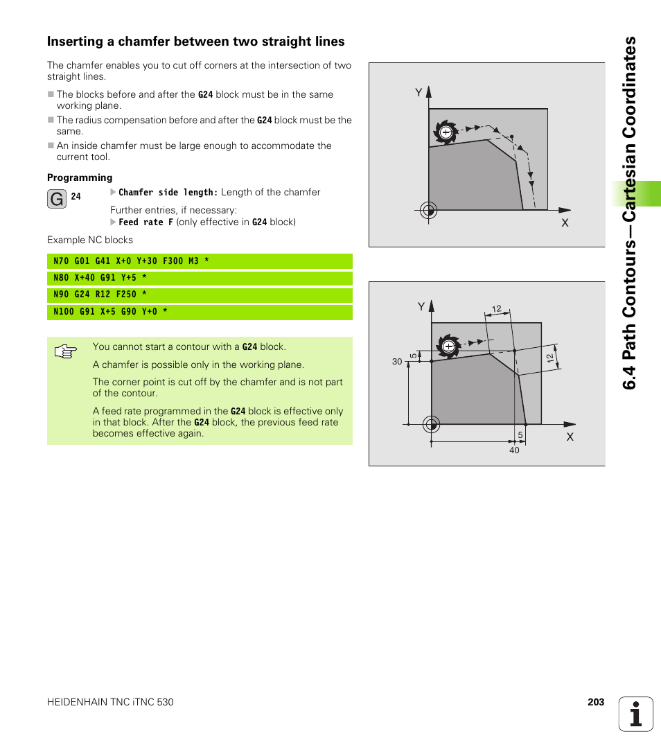 Inserting a chamfer between two straight lines, 4 p a th cont ours—car te sian coor dinat e s | HEIDENHAIN iTNC 530 (340 49x-02) ISO programming User Manual | Page 203 / 623