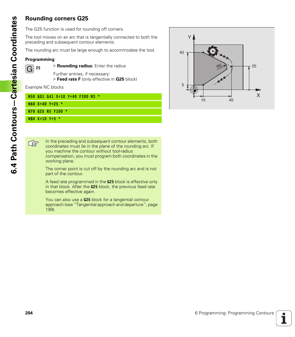 Rounding corners g25, 4 p a th cont ours—car te sian coor dinat e s | HEIDENHAIN iTNC 530 (340 49x-02) ISO programming User Manual | Page 204 / 623