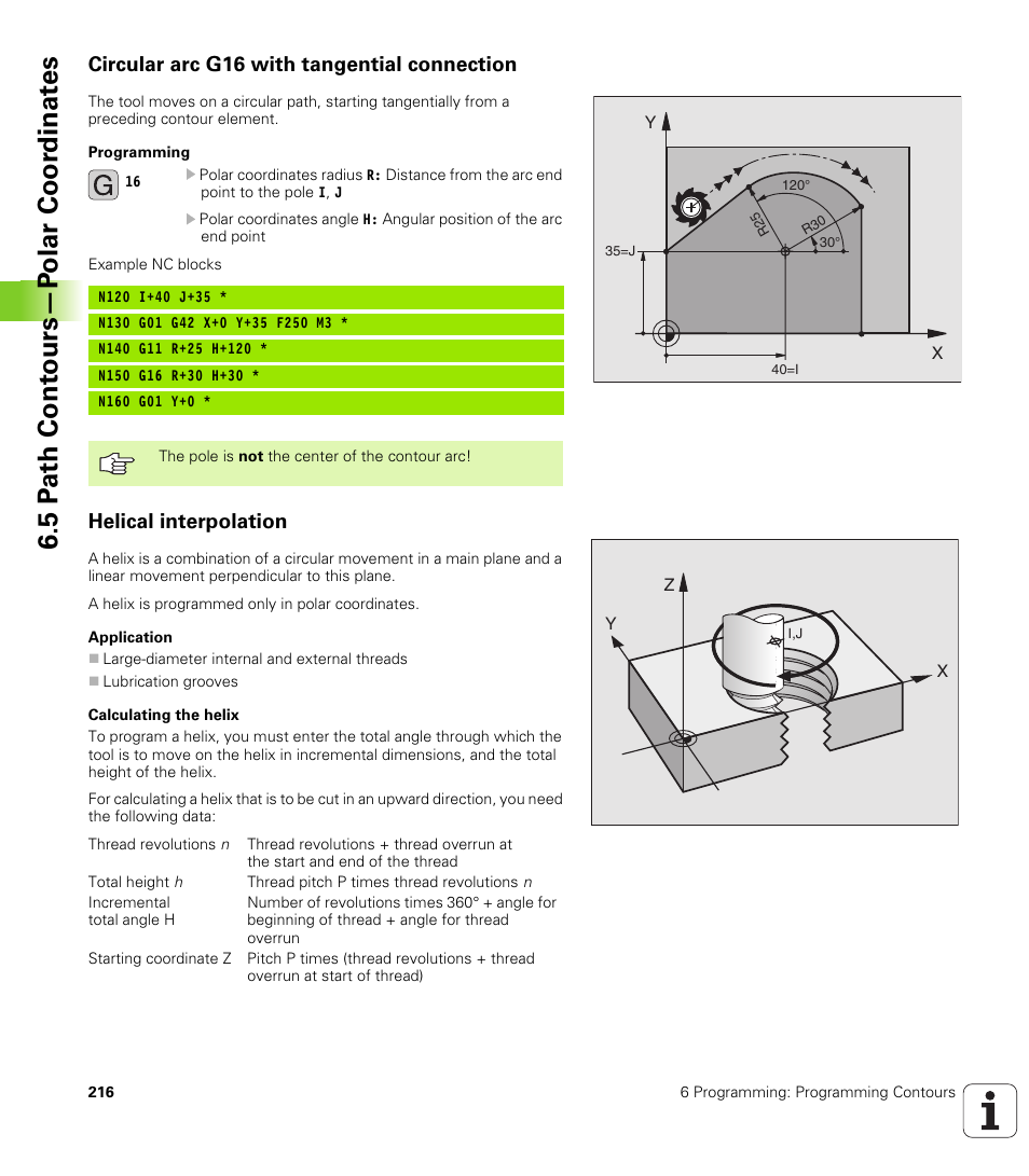 Circular arc g16 with tangential connection, Helical interpolation, 5 p a th cont ours—p olar coor dinat e s | HEIDENHAIN iTNC 530 (340 49x-02) ISO programming User Manual | Page 216 / 623