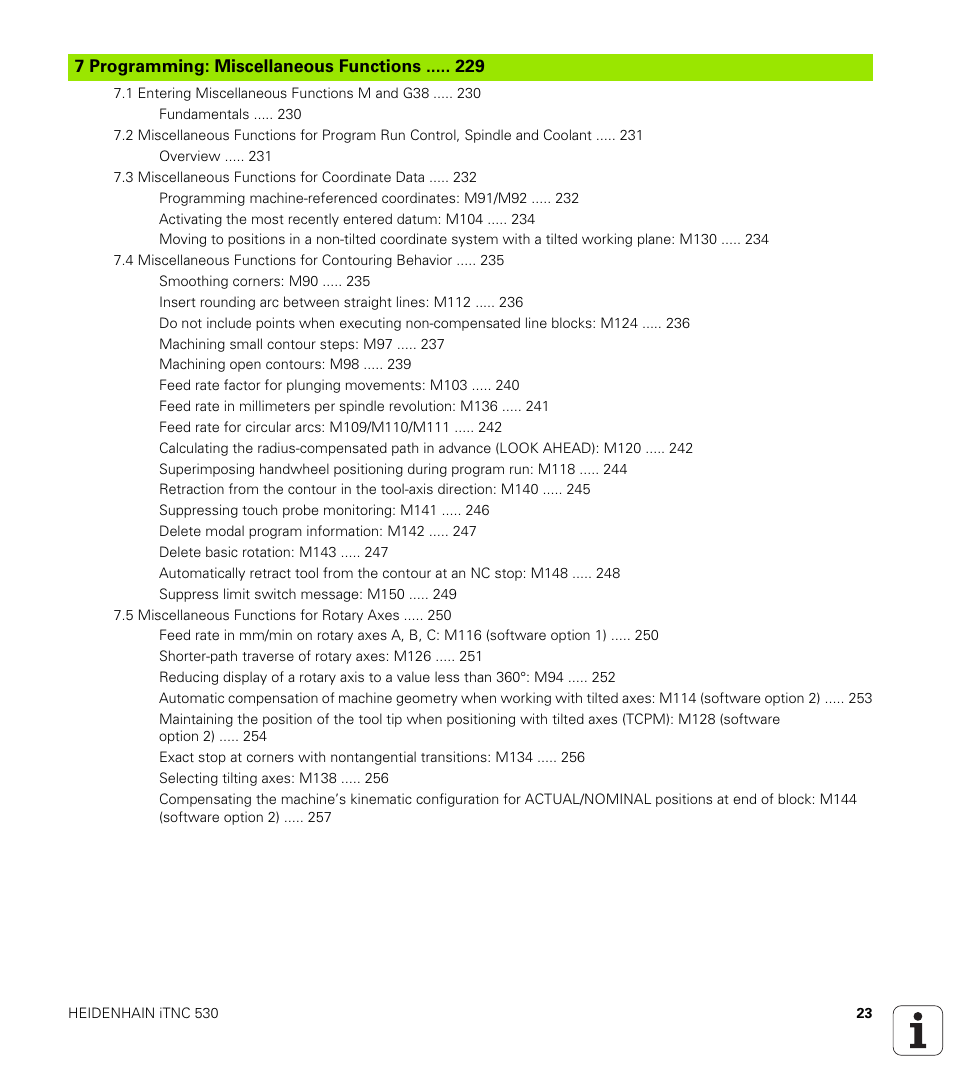 7 programming: miscellaneous functions, Programming: miscellaneous functions | HEIDENHAIN iTNC 530 (340 49x-02) ISO programming User Manual | Page 23 / 623