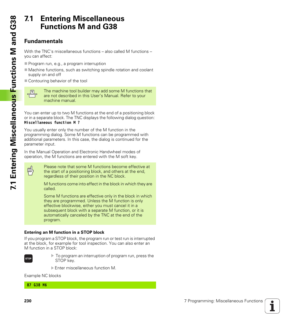 1 entering miscellaneous functions m and g38, Fundamentals | HEIDENHAIN iTNC 530 (340 49x-02) ISO programming User Manual | Page 230 / 623