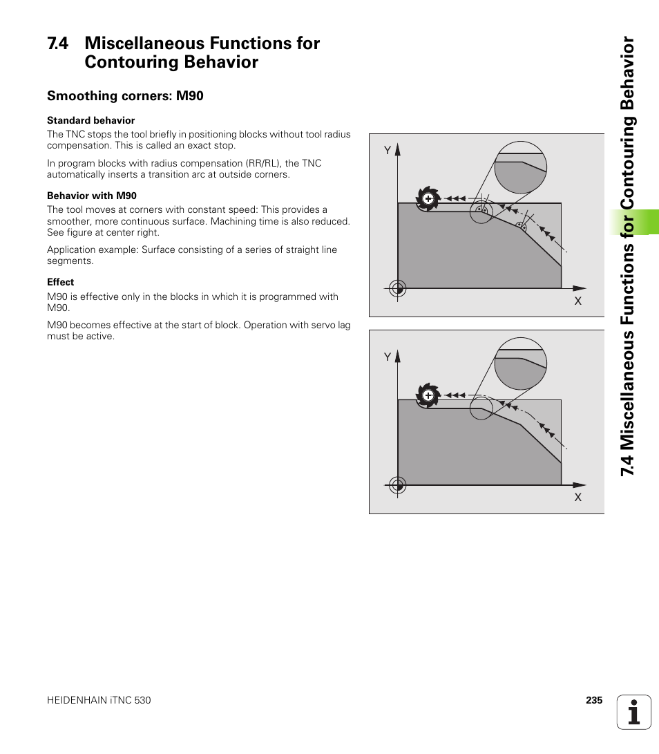 4 miscellaneous functions for contouring behavior, Smoothing corners: m90 | HEIDENHAIN iTNC 530 (340 49x-02) ISO programming User Manual | Page 235 / 623