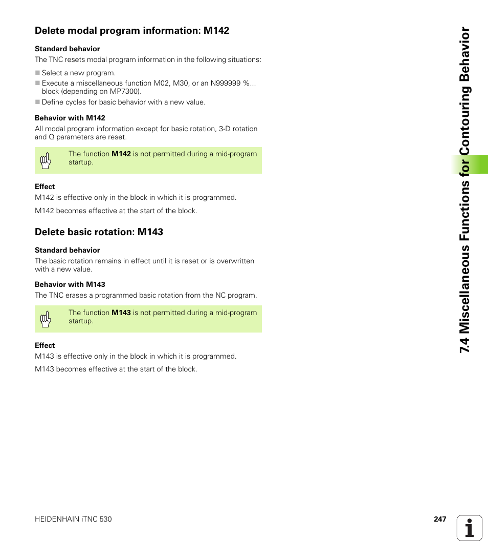 Delete modal program information: m142, Delete basic rotation: m143 | HEIDENHAIN iTNC 530 (340 49x-02) ISO programming User Manual | Page 247 / 623