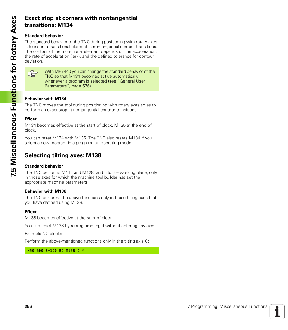 Selecting tilting axes: m138, 5 miscellaneous f unctions f or rotary ax es | HEIDENHAIN iTNC 530 (340 49x-02) ISO programming User Manual | Page 256 / 623