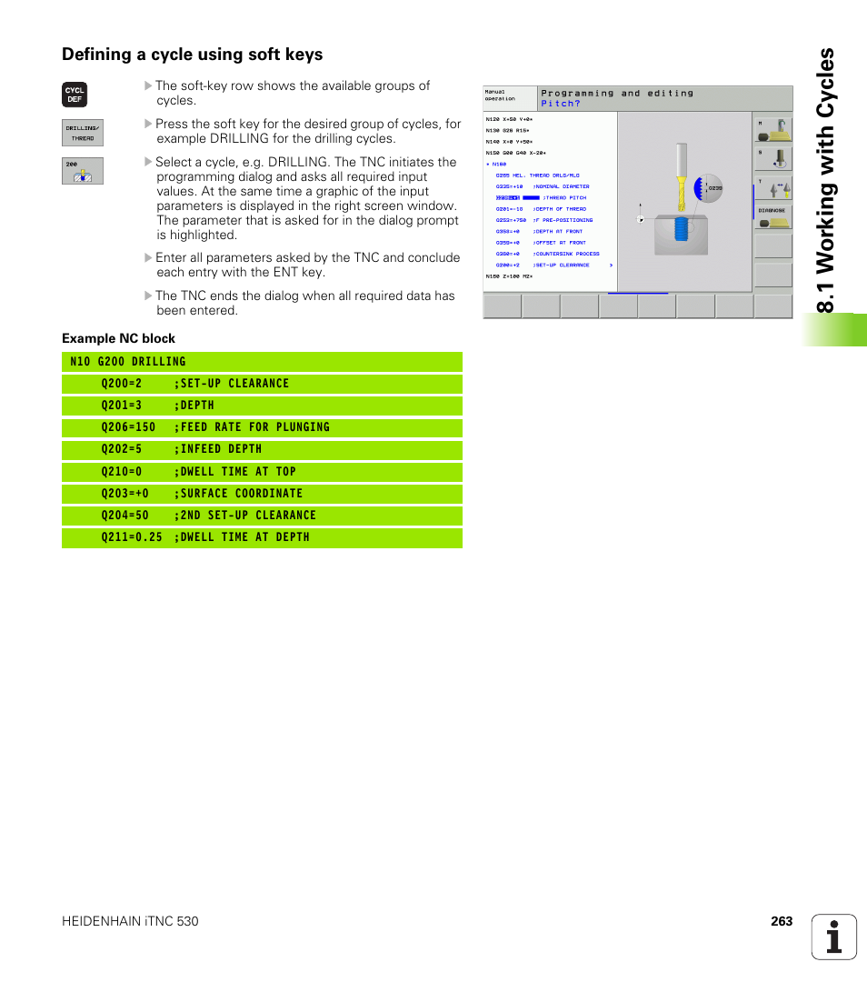 Defining a cycle using soft keys, 1 w or k ing with cy cles | HEIDENHAIN iTNC 530 (340 49x-02) ISO programming User Manual | Page 263 / 623