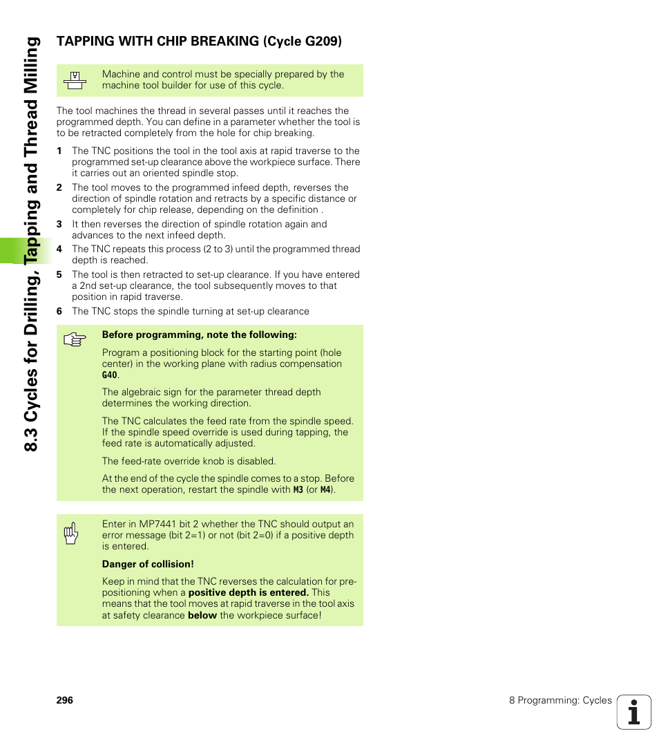 Tapping with chip breaking (cycle g209) | HEIDENHAIN iTNC 530 (340 49x-02) ISO programming User Manual | Page 296 / 623