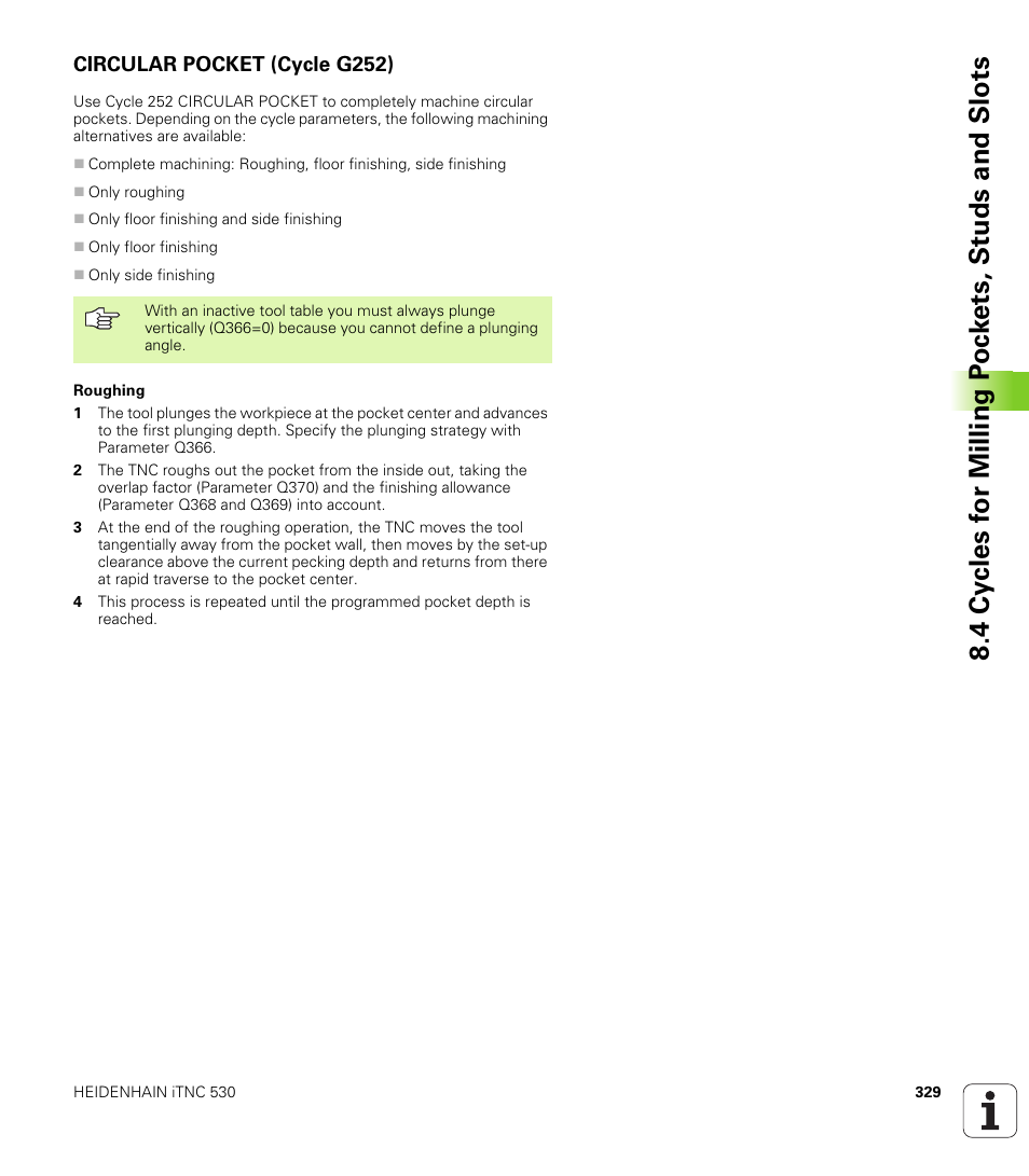 Circular pocket (cycle g252) | HEIDENHAIN iTNC 530 (340 49x-02) ISO programming User Manual | Page 329 / 623