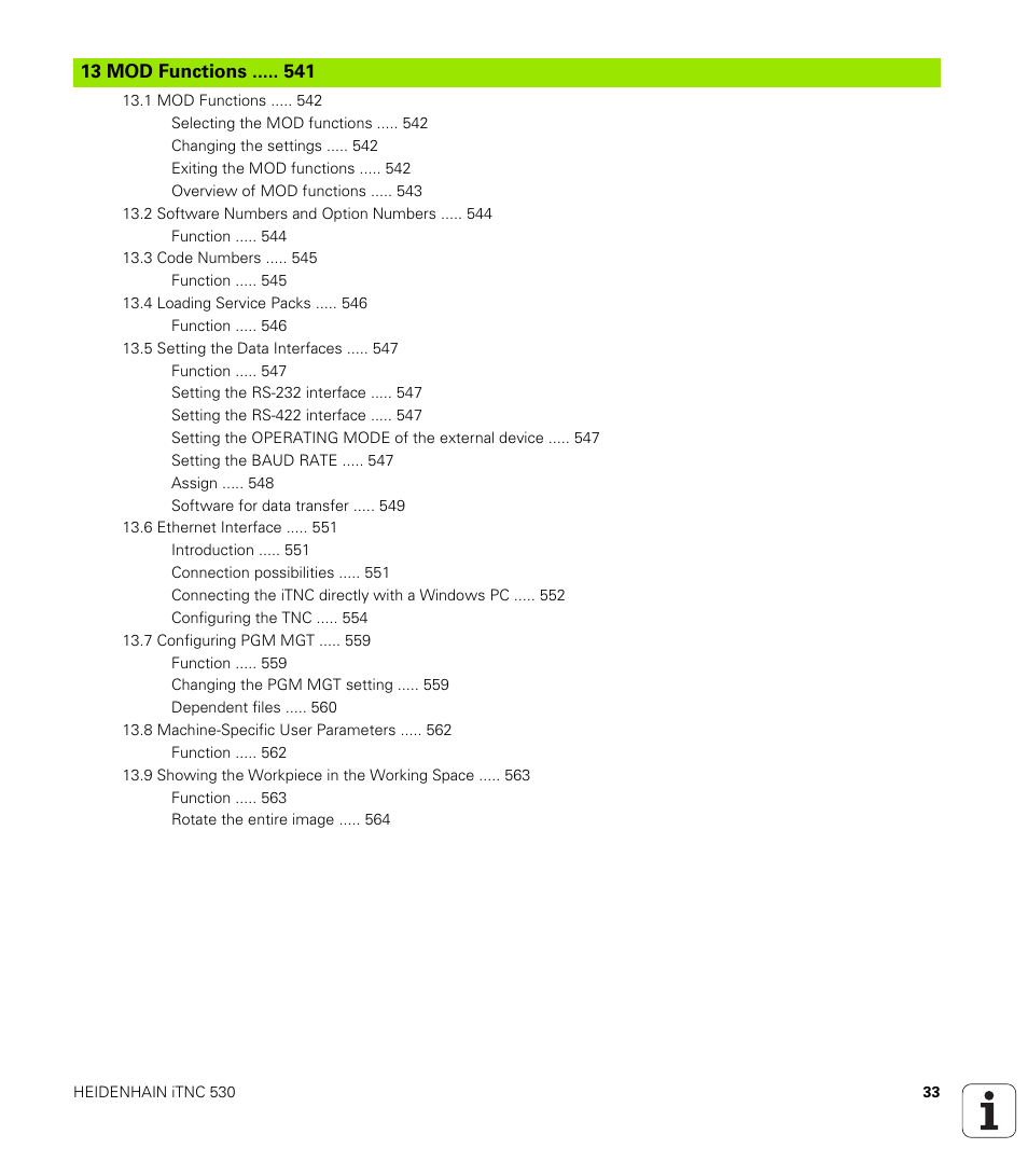 13 mod functions, Mod functions | HEIDENHAIN iTNC 530 (340 49x-02) ISO programming User Manual | Page 33 / 623