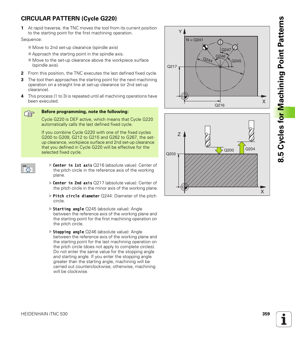 Circular pattern (cycle g220) | HEIDENHAIN iTNC 530 (340 49x-02) ISO programming User Manual | Page 359 / 623